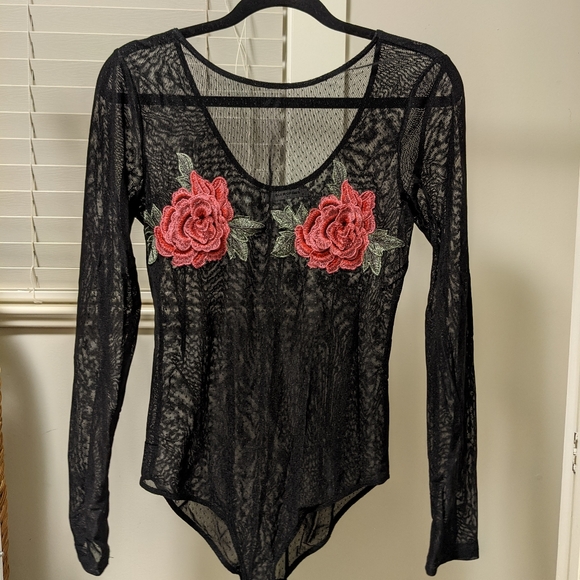 Sheer Embroidered Rose Polka Dot Bodysuit - Picture 3 of 10